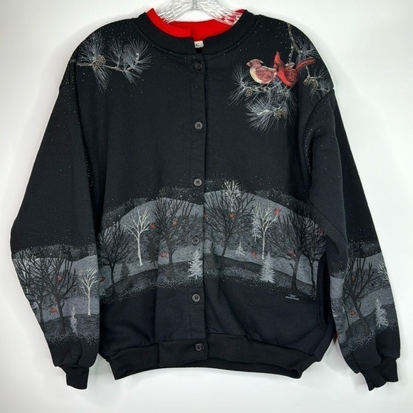 Vintage Artisans Black Cardinal Bird Button Up Sweatshirt Size Large - Picture 1 of 12